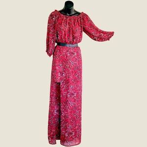 Boho Romantic Sheer Flowy Red Floral Cropped Peasant Blouse & Skort Set Size L